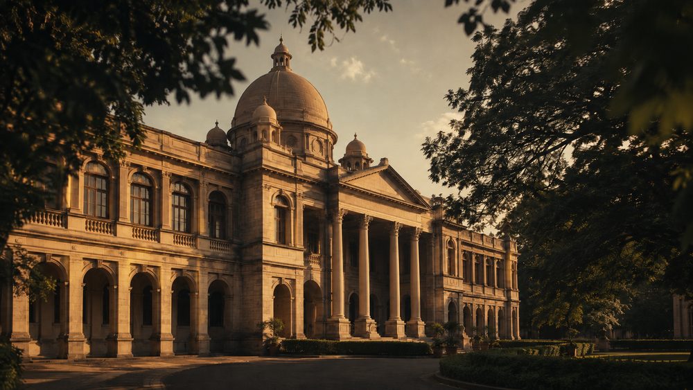 A classical Indian university building at golden hour, stone columns and a dome — the awarding university behind a distance MBA degree
