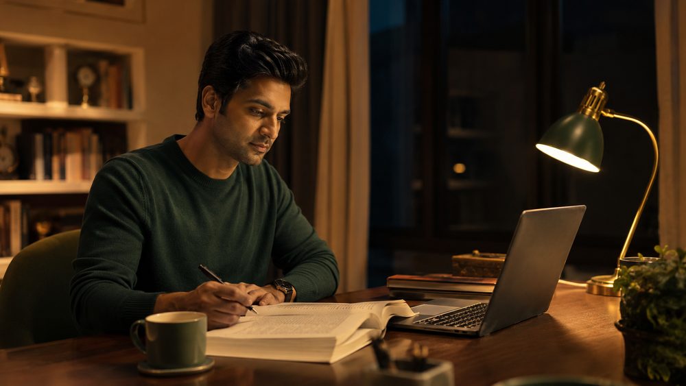 A professional studying at a desk at home late in the evening, lamp lit, textbook and laptop open — distance MBA study alongside full-time work